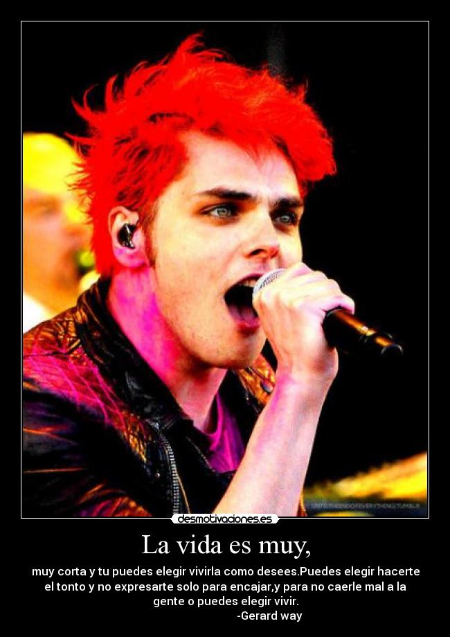 La vida es muy, - muy corta y tu puedes elegir vivirla como desees.Puedes elegir hacerte
el tonto y no expresarte solo para encajar,y para no caerle mal a la
gente o puedes elegir vivir.
                                -Gerard way