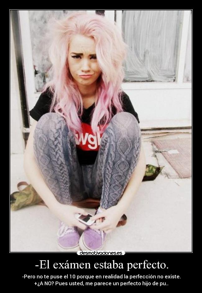 -El exámen estaba perfecto. - -Pero no te puse el 10 porque en realidad la perfección no existe.
+¿A NO? Pues usted, me parece un perfecto hijo de pu..