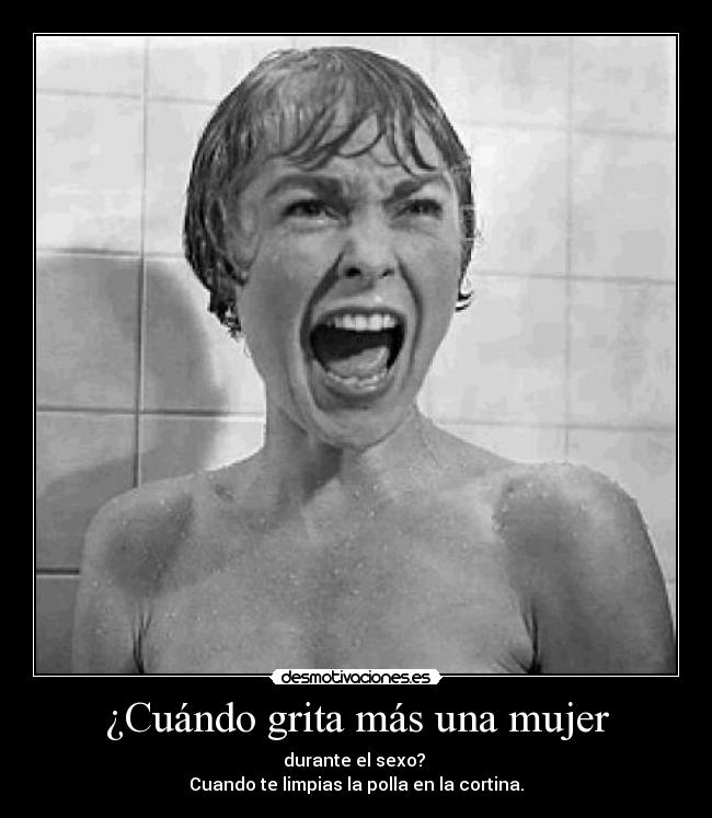 ¿Cuándo grita más una mujer - durante el sexo? 
Cuando te limpias la polla en la cortina.