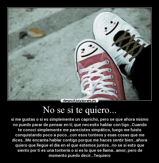 No se si te quiero... - si me gustas o si es simplemente un capricho, pero se que ahora mismo
no puedo parar de pensar en ti; que necesito hablar con tigo...Cuando
te conoci simplemente me parecistes simpático, luego me fuiste
conquistando poco a poco...con esos tonteos y esas cosas que me
dices...Me encanta hablar contigo porque me haces sentir bien...ahora
quiero que llegue el día en el que estemos juntos...no se si esto que
siento por ti es una tontería o si es lo que se llama...amor, pero de
momento puedo decir...Tequiero♥