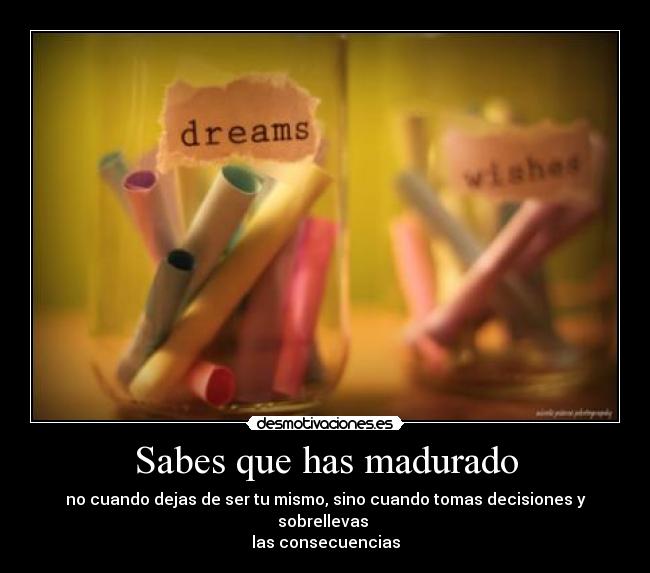 Sabes que has madurado - no cuando dejas de ser tu mismo, sino cuando tomas decisiones y sobrellevas
las consecuencias