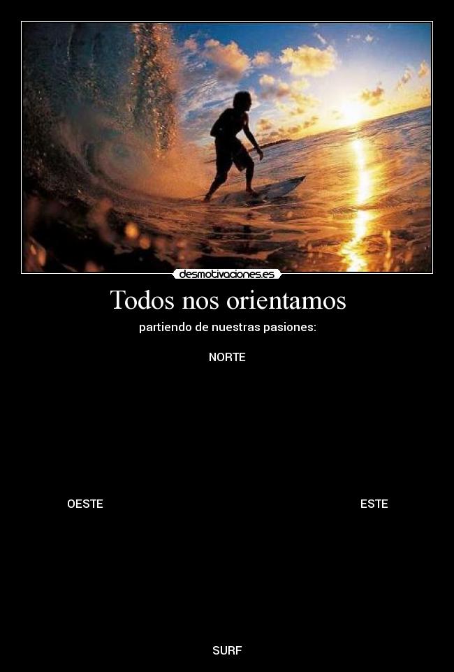 Todos nos orientamos - partiendo de nuestras pasiones:
NORTE
OESTE ESTE
SURF