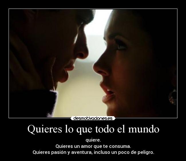Quieres lo que todo el mundo - quiere.
Quieres un amor que te consuma.
Quieres pasión y aventura, incluso un poco de peligro.