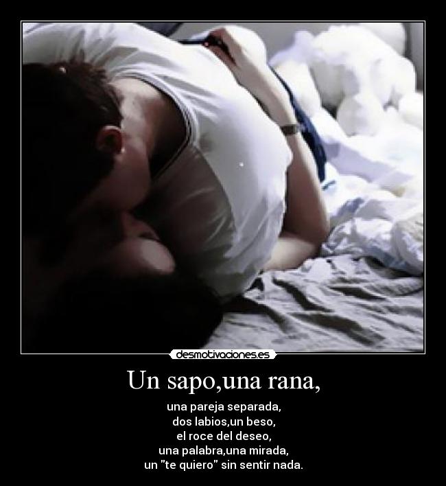 Un sapo,una rana, - una pareja separada,
dos labios,un beso,
el roce del deseo,
una palabra,una mirada,
un te quiero sin sentir nada.