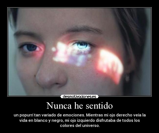 Nunca he sentido - un popurrí tan variado de emociones. Mientras mi ojo derecho veía la
vida en blanco y negro, mi ojo izquierdo disfrutaba de todos los
colores del universo.