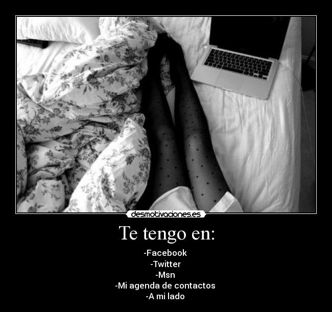 Te tengo en: - -Facebook ☑
-Twitter ☑
-Msn ☑
-Mi agenda de contactos ☑
-A mi lado ☒