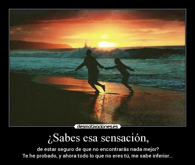 ¿Sabes esa sensación, - de estar seguro de que no encontrarás nada mejor?
Te he probado, y ahora todo lo que no eres tú, me sabe inferior...