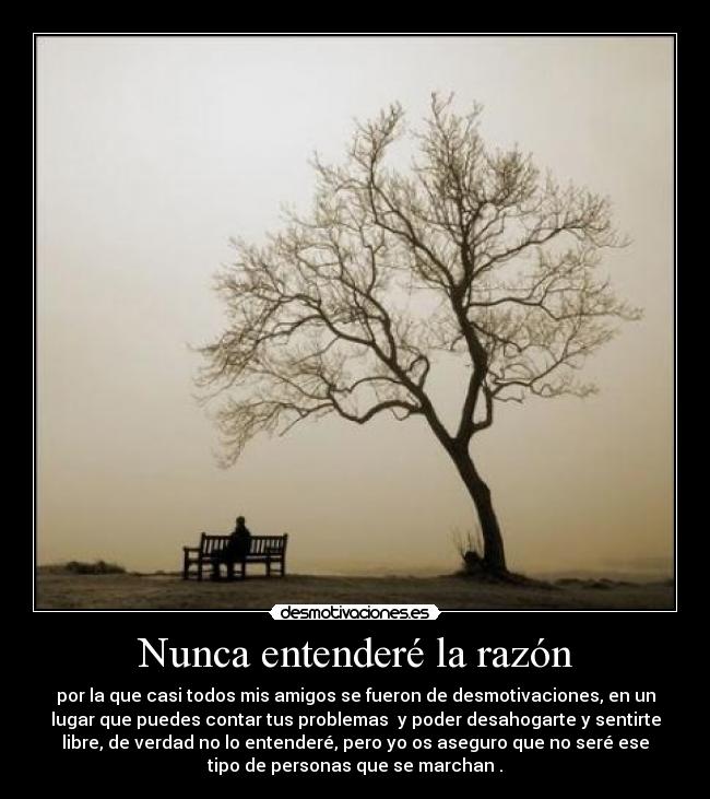 Nunca entenderé la razón - por la que casi todos mis amigos se fueron de desmotivaciones, en un
lugar que puedes contar tus problemas y poder desahogarte y sentirte
libre, de verdad no lo entenderé, pero yo os aseguro que no seré ese
tipo de personas que se marchan .