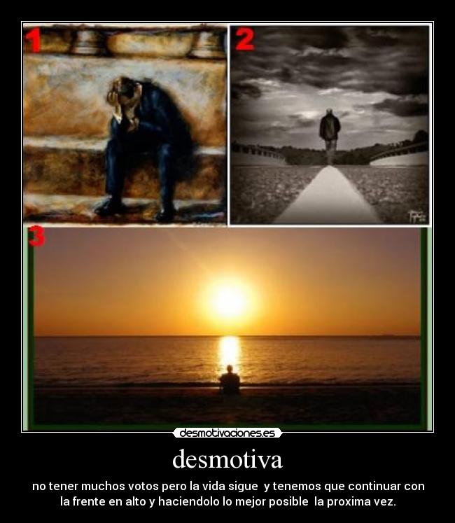 desmotiva - no tener muchos votos pero la vida sigue  y tenemos que continuar con
la frente en alto y haciendolo lo mejor posible  la proxima vez.