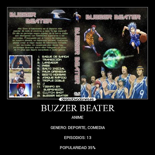 BUZZER BEATER - ANIME

GENERO: DEPORTE, COMEDIA

EPISODIOS: 13

POPULARIDAD 35%