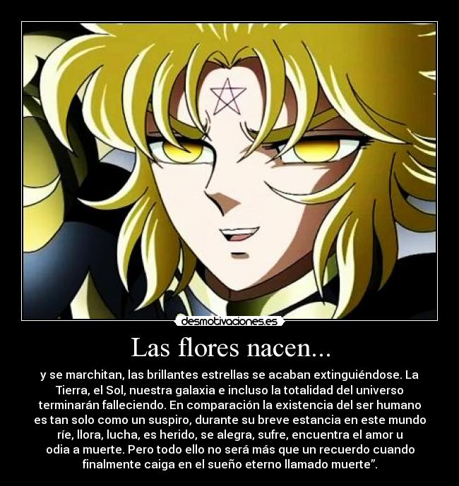 Las flores nacen... - y se marchitan, las brillantes estrellas se acaban extinguiéndose. La
Tierra, el Sol, nuestra galaxia e incluso la totalidad del universo
terminarán falleciendo. En comparación la existencia del ser humano
es tan solo como un suspiro, durante su breve estancia en este mundo
ríe, llora, lucha, es herido, se alegra, sufre, encuentra el amor u
odia a muerte. Pero todo ello no será más que un recuerdo cuando
finalmente caiga en el sueño eterno llamado muerte”.
