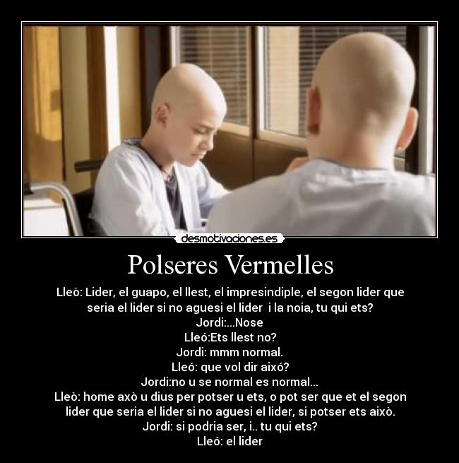 Polseres Vermelles - Lleò: Lider, el guapo, el llest, el impresindiple, el segon lider que
seria el lider si no aguesi el lider  i la noia, tu qui ets?
Jordi:...Nose
Lleó:Ets llest no?
Jordi: mmm normal.
Lleó: que vol dir aixó?
Jordi:no u se normal es normal...
Lleò: home axò u dius per potser u ets, o pot ser que et el segon
lider que seria el lider si no aguesi el lider, si potser ets això.
Jordi: si podria ser, i.. tu qui ets?
Lleó: el lider