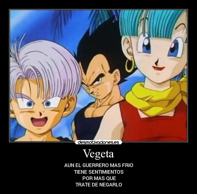 Vegeta - AUN EL GUERRERO MAS FRIO
TIENE SENTIMIENTOS
 POR MAS QUE
TRATE DE NEGARLO