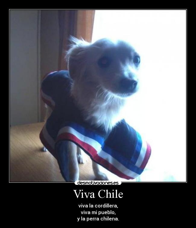 Viva Chile - viva la cordillera,
viva mi pueblo,
y la perra chilena.