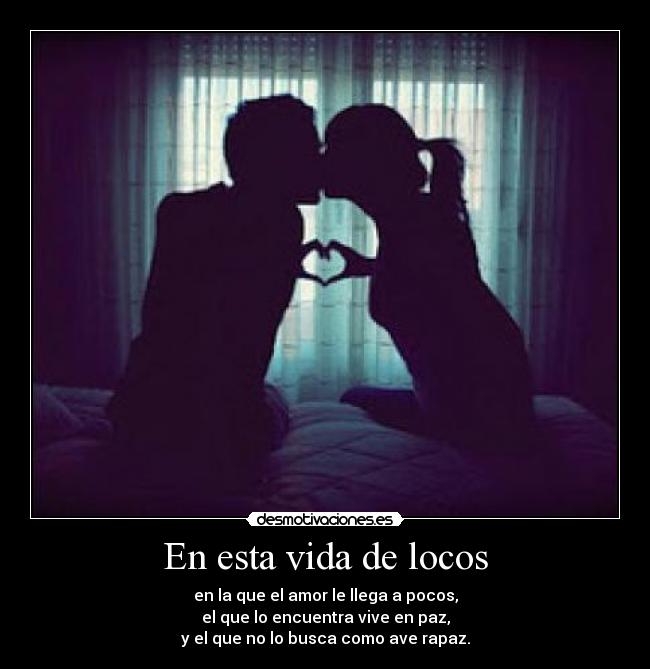 En esta vida de locos - en la que el amor le llega a pocos,
el que lo encuentra vive en paz,
y el que no lo busca como ave rapaz.