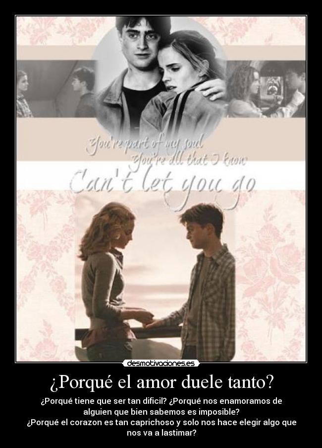 ¿Porqué el amor duele tanto? - ¿Porqué tiene que ser tan dificil? ¿Porqué nos enamoramos de
alguien que bien sabemos es imposible?
¿Porqué el corazon es tan caprichoso y solo nos hace elegir algo que
nos va a lastimar?