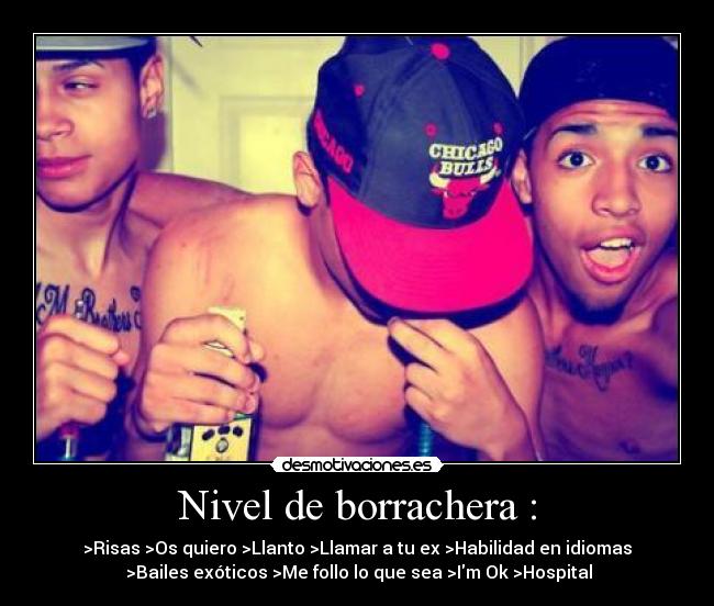 Nivel de borrachera : - >Risas >Os quiero >Llanto >Llamar a tu ex >Habilidad en idiomas
 >Bailes exóticos >Me follo lo que sea >Im Ok >Hospital