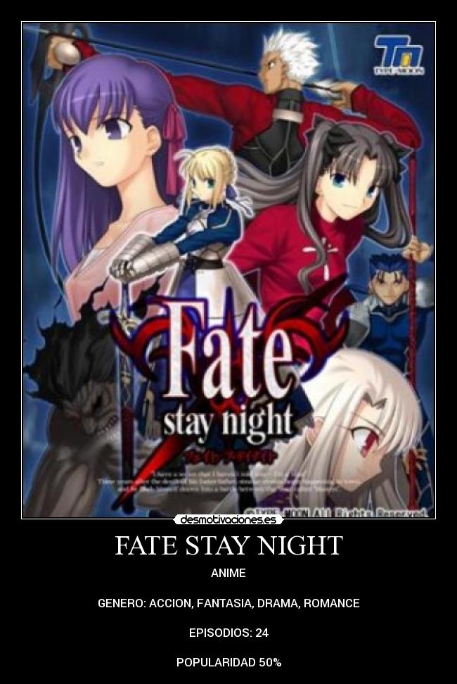 FATE STAY NIGHT - ANIME

GENERO: ACCION, FANTASIA, DRAMA, ROMANCE

EPISODIOS: 24

POPULARIDAD 50%
