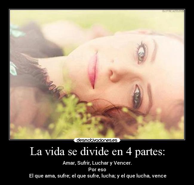 La vida se divide en 4 partes: - Amar, Sufrir, Luchar y Vencer.
Por eso
 El que ama, sufre; el que sufre, lucha; y el que lucha, vence
