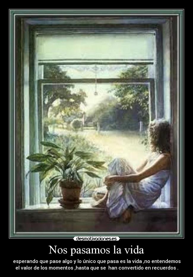 Nos pasamos la vida - esperando que pase algo y lo único que pasa es la vida ,no entendemos
el valor de los momentos ,hasta que se han convertido en recuerdos .