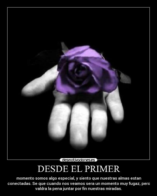 DESDE EL PRIMER - momento somos algo especial, y siento que nuestras almas estan
conectadas. Se que cuando nos veamos sera un momento muy fugaz, pero
valdra la pena juntar por fin nuestras miradas.