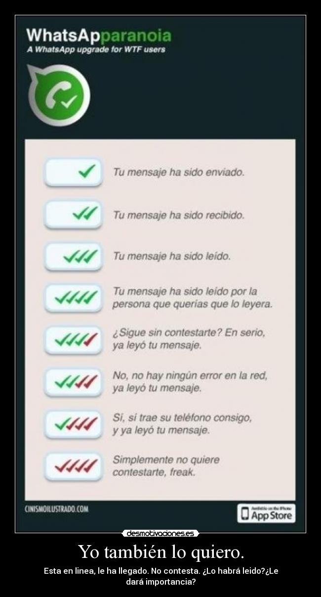 Yo también lo quiero. - Esta en linea, le ha llegado. No contesta. ¿Lo habrá leido?¿Le dará importancia?