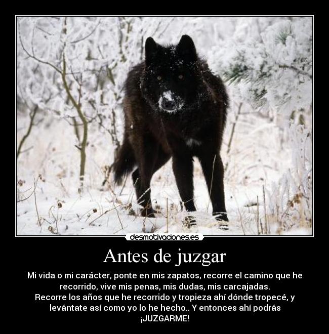 Antes de juzgar - Mi vida o mi carácter, ponte en mis zapatos, recorre el camino que he
recorrido, vive mis penas, mis dudas, mis carcajadas.
Recorre los años que he recorrido y tropieza ahí dónde tropecé, y
levántate así como yo lo he hecho.. Y entonces ahí podrás
¡JUZGARME!