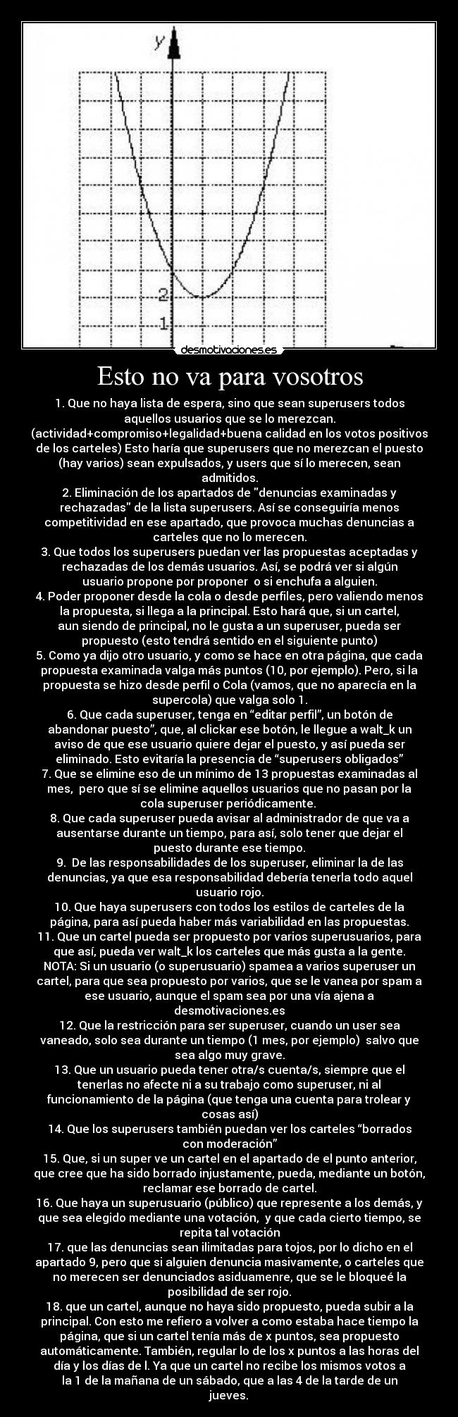 Esto no va para vosotros - 1. Que no haya lista de espera, sino que sean superusers todos
aquellos usuarios que se lo merezcan.
(actividad+compromiso+legalidad+buena calidad en los votos positivos
de los carteles) Esto haría que superusers que no merezcan el puesto
(hay varios) sean expulsados, y users que sí lo merecen, sean
admitidos.
2. Eliminación de los apartados de denuncias examinadas y
rechazadas de la lista superusers. Así se conseguiría menos
competitividad en ese apartado, que provoca muchas denuncias a
carteles que no lo merecen.
3. Que todos los superusers puedan ver las propuestas aceptadas y
rechazadas de los demás usuarios. Así, se podrá ver si algún
usuario propone por proponer  o si enchufa a alguien.
4. Poder proponer desde la cola o desde perfiles, pero valiendo menos
la propuesta, si llega a la principal. Esto hará que, si un cartel,
aun siendo de principal, no le gusta a un superuser, pueda ser
propuesto (esto tendrá sentido en el siguiente punto)
5. Como ya dijo otro usuario, y como se hace en otra página, que cada
propuesta examinada valga más puntos (10, por ejemplo). Pero, si la
propuesta se hizo desde perfil o Cola (vamos, que no aparecía en la
supercola) que valga solo 1.
6. Que cada superuser, tenga en “editar perfil”, un botón de
abandonar puesto”, que, al clickar ese botón, le llegue a walt_k un
aviso de que ese usuario quiere dejar el puesto, y así pueda ser
eliminado. Esto evitaría la presencia de “superusers obligados”
7. Que se elimine eso de un mínimo de 13 propuestas examinadas al
mes,  pero que sí se elimine aquellos usuarios que no pasan por la
cola superuser periódicamente. 
8. Que cada superuser pueda avisar al administrador de que va a
ausentarse durante un tiempo, para así, solo tener que dejar el
puesto durante ese tiempo.
9.  De las responsabilidades de los superuser, eliminar la de las
denuncias, ya que esa responsabilidad debería tenerla todo aquel
usuario rojo.
10. Que haya superusers con todos los estilos de carteles de la
página, para así pueda haber más variabilidad en las propuestas.
11. Que un cartel pueda ser propuesto por varios superusuarios, para
que así, pueda ver walt_k los carteles que más gusta a la gente.
NOTA: Si un usuario (o superusuario) spamea a varios superuser un
cartel, para que sea propuesto por varios, que se le vanea por spam a
ese usuario, aunque el spam sea por una vía ajena a
desmotivaciones.es
12. Que la restricción para ser superuser, cuando un user sea
vaneado, solo sea durante un tiempo (1 mes, por ejemplo)  salvo que
sea algo muy grave.
13. Que un usuario pueda tener otra/s cuenta/s, siempre que el
tenerlas no afecte ni a su trabajo como superuser, ni al
funcionamiento de la página (que tenga una cuenta para trolear y
cosas así)
14. Que los superusers también puedan ver los carteles “borrados
con moderación”
15. Que, si un super ve un cartel en el apartado de el punto anterior,
que cree que ha sido borrado injustamente, pueda, mediante un botón,
reclamar ese borrado de cartel.
16. Que haya un superusuario (público) que represente a los demás, y
que sea elegido mediante una votación,  y que cada cierto tiempo, se
repita tal votación
17. que las denuncias sean ilimitadas para tojos, por lo dicho en el
apartado 9, pero que si alguien denuncia masivamente, o carteles que
no merecen ser denunciados asiduamenre, que se le bloqueé la
posibilidad de ser rojo.
18. que un cartel, aunque no haya sido propuesto, pueda subir a la
principal. Con esto me refiero a volver a como estaba hace tiempo la
página, que si un cartel tenía más de x puntos, sea propuesto
automáticamente. También, regular lo de los x puntos a las horas del
día y los días de l. Ya que un cartel no recibe los mismos votos a
la 1 de la mañana de un sábado, que a las 4 de la tarde de un
jueves.