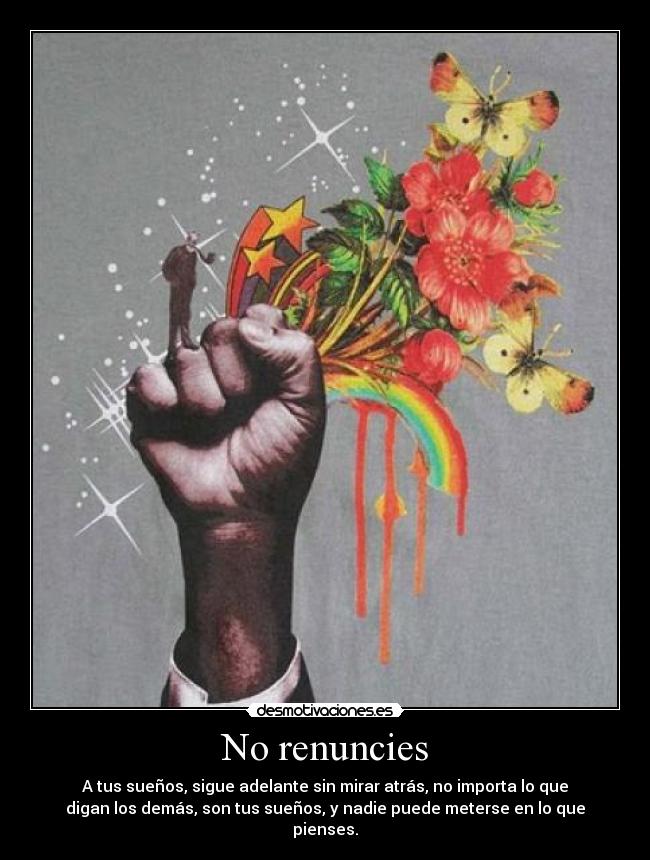 No renuncies - A tus sueños, sigue adelante sin mirar atrás, no importa lo que
digan los demás, son tus sueños, y nadie puede meterse en lo que
pienses.