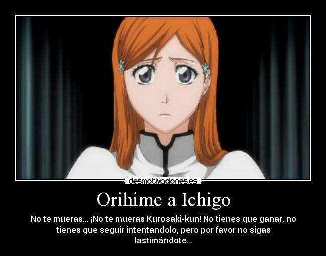 Orihime a Ichigo - No te mueras... ¡No te mueras Kurosaki-kun! No tienes que ganar, no
tienes que seguir intentandolo, pero por favor no sigas
lastimándote...