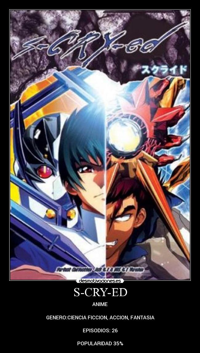 S-CRY-ED - ANIME

GENERO:CIENCIA FICCION, ACCION, FANTASIA

EPISODIOS: 26

POPULARIDAD 35%