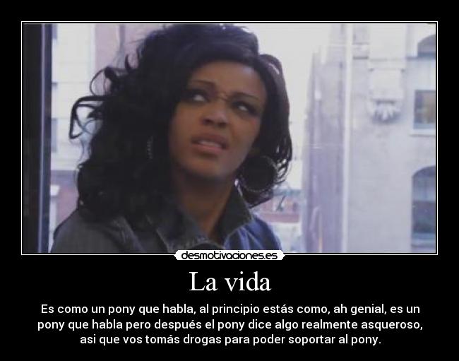 La vida - Es como un pony que habla, al principio estás como, ah genial, es un
pony que habla pero después el pony dice algo realmente asqueroso,
asi que vos tomás drogas para poder soportar al pony.