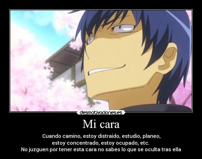 Mi cara - Cuando camino, estoy distraido, estudio, planeo,
estoy concentrado, estoy ocupado, etc.
No juzguen por tener esta cara no sabes lo que se oculta tras ella