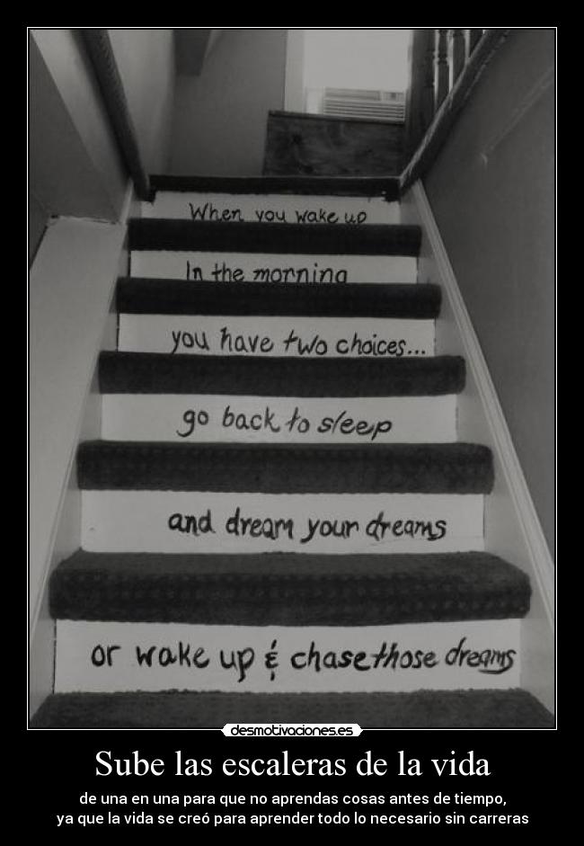 Sube las escaleras de la vida - de una en una para que no aprendas cosas antes de tiempo,
ya que la vida se creó para aprender todo lo necesario sin carreras