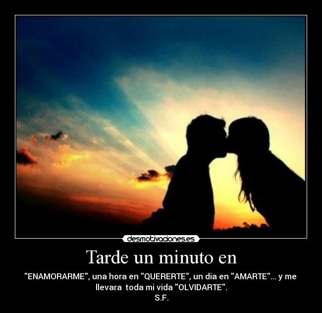 Tarde un minuto en - ENAMORARME, una hora en QUERERTE, un dia en AMARTE... y me 
llevara  toda mi vida OLVIDARTE.
S.F.