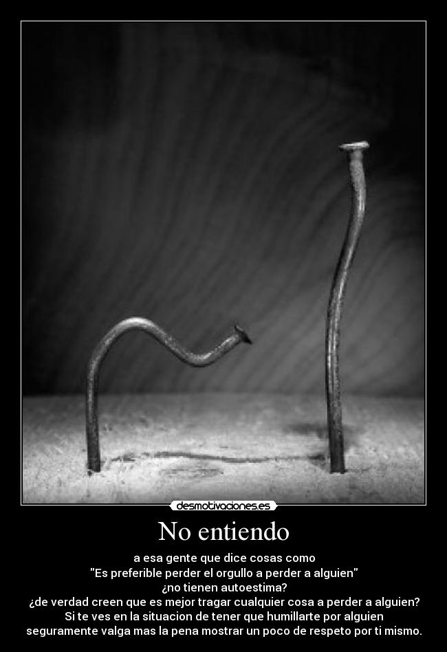 No entiendo - a esa gente que dice cosas como
Es preferible perder el orgullo a perder a alguien
¿no tienen autoestima?
¿de verdad creen que es mejor tragar cualquier cosa a perder a alguien?
Si te ves en la situacion de tener que humillarte por alguien
seguramente valga mas la pena mostrar un poco de respeto por ti mismo.