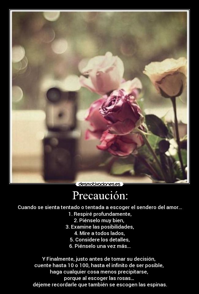 Precaución: - Cuando se sienta tentado o tentada a escoger el sendero del amor...
1. Respiré profundamente,
2. Piénselo muy bien,
3. Examine las posibilidades,
4. Mire a todos lados,
5. Considere los detalles,
6. Piénselo una vez más...
Y Finalmente, justo antes de tomar su decisión,
cuente hasta 10 o 100, hasta el infinito de ser posible,
haga cualquier cosa menos precipitarse,
porque al escoger las rosas…
déjeme recordarle que también se escogen las espinas.