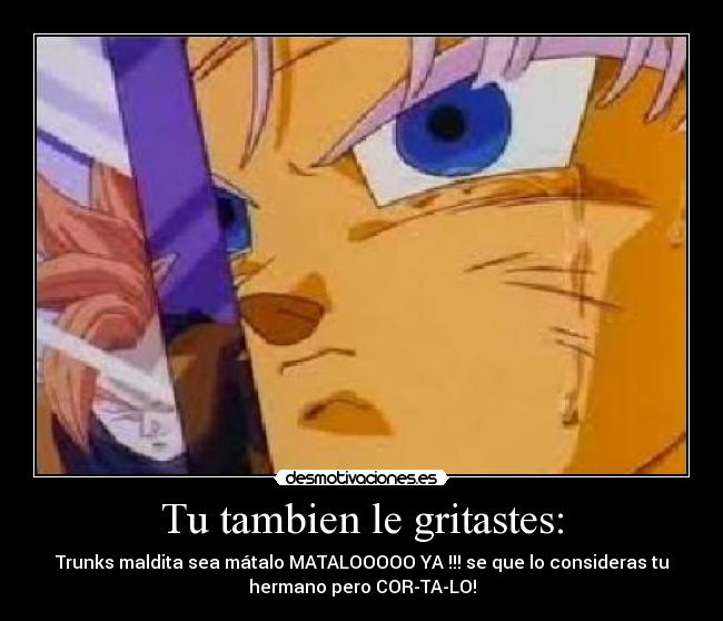 Tu tambien le gritastes: - Trunks maldita sea mátalo MATALOOOOO YA !!! se que lo consideras tu
hermano pero COR-TA-LO!