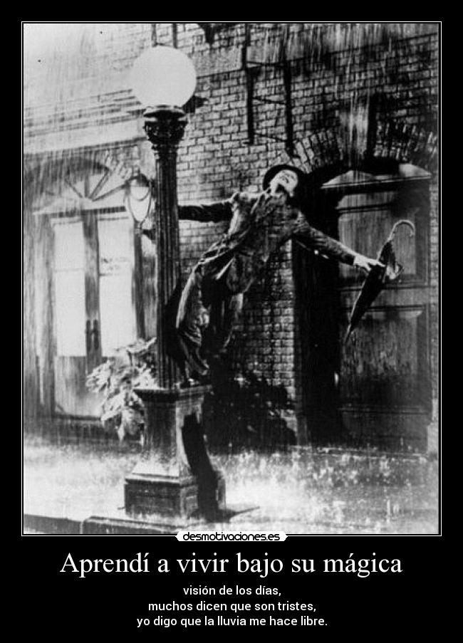Aprendí a vivir bajo su mágica - visión de los días,
muchos dicen que son tristes,
yo digo que la lluvia me hace libre.