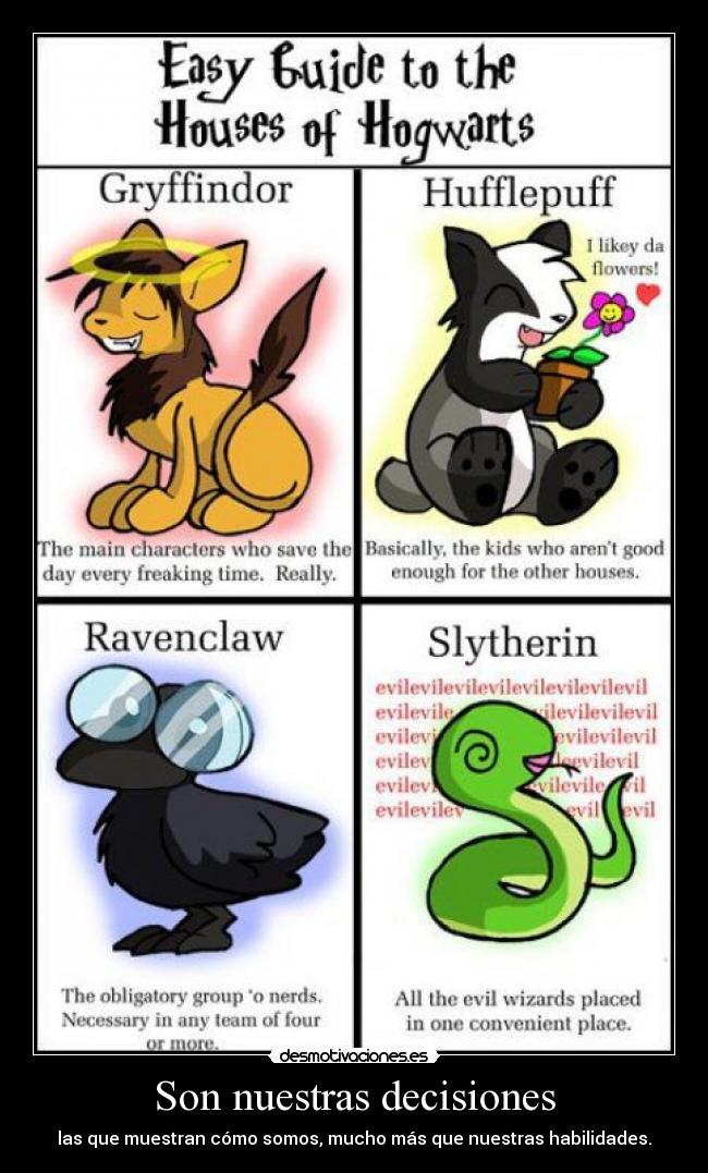 carteles mierda estereotipos hogwarts gryffindor hufflepuff ravenclaw slytherin potter foreverclarinetista desmotivaciones