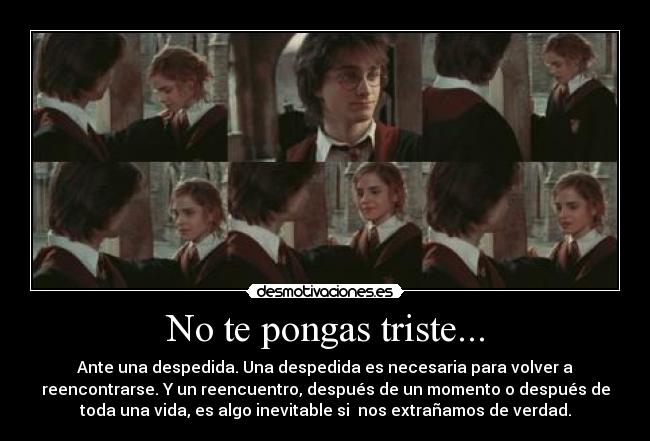 No te pongas triste... - Ante una despedida. Una despedida es necesaria para volver a
reencontrarse. Y un reencuentro, después de un momento o después de
toda una vida, es algo inevitable si  nos extrañamos de verdad.