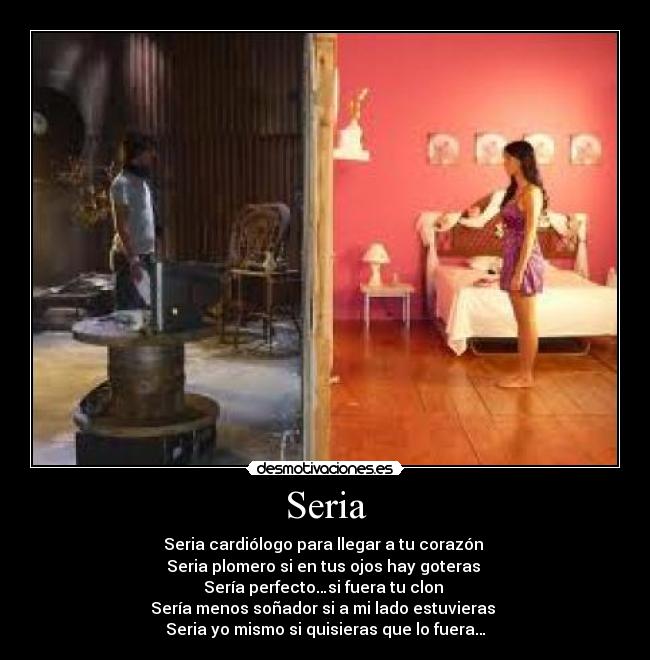 Seria - Seria cardiólogo para llegar a tu corazón 
Seria plomero si en tus ojos hay goteras 
Sería perfecto…si fuera tu clon 
Sería menos soñador si a mi lado estuvieras 
Seria yo mismo si quisieras que lo fuera…