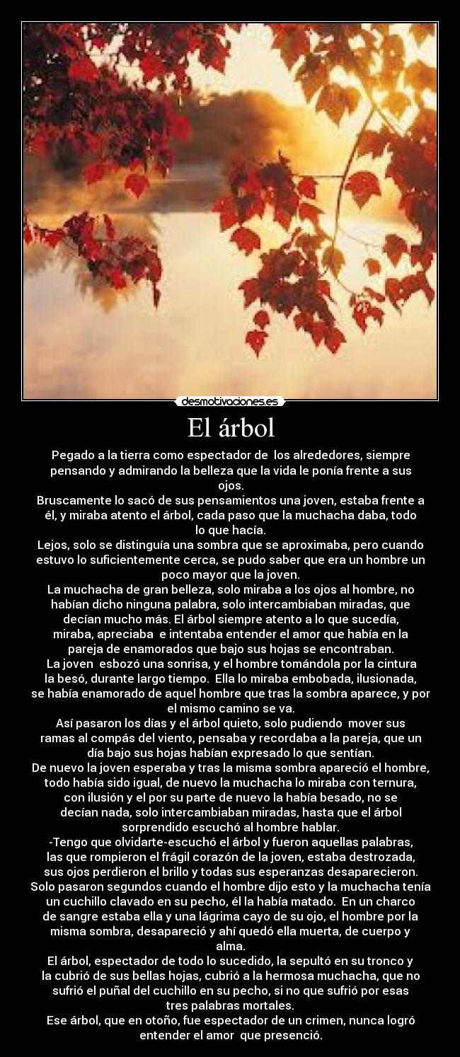 El árbol - Pegado a la tierra como espectador de los alrededores, siempre
pensando y admirando la belleza que la vida le ponía frente a sus
ojos.
Bruscamente lo sacó de sus pensamientos una joven, estaba frente a
él, y miraba atento el árbol, cada paso que la muchacha daba, todo
lo que hacía.
Lejos, solo se distinguía una sombra que se aproximaba, pero cuando
estuvo lo suficientemente cerca, se pudo saber que era un hombre un
poco mayor que la joven.
La muchacha de gran belleza, solo miraba a los ojos al hombre, no
habían dicho ninguna palabra, solo intercambiaban miradas, que
decían mucho más. El árbol siempre atento a lo que sucedía,
miraba, apreciaba e intentaba entender el amor que había en la
pareja de enamorados que bajo sus hojas se encontraban.
La joven esbozó una sonrisa, y el hombre tomándola por la cintura
la besó, durante largo tiempo. Ella lo miraba embobada, ilusionada,
se había enamorado de aquel hombre que tras la sombra aparece, y por
el mismo camino se va.
Así pasaron los días y el árbol quieto, solo pudiendo mover sus
ramas al compás del viento, pensaba y recordaba a la pareja, que un
día bajo sus hojas habían expresado lo que sentían.
De nuevo la joven esperaba y tras la misma sombra apareció el hombre,
todo había sido igual, de nuevo la muchacha lo miraba con ternura,
con ilusión y el por su parte de nuevo la había besado, no se
decían nada, solo intercambiaban miradas, hasta que el árbol
sorprendido escuchó al hombre hablar.
-Tengo que olvidarte-escuchó el árbol y fueron aquellas palabras,
las que rompieron el frágil corazón de la joven, estaba destrozada,
sus ojos perdieron el brillo y todas sus esperanzas desaparecieron.
Solo pasaron segundos cuando el hombre dijo esto y la muchacha tenía
un cuchillo clavado en su pecho, él la había matado. En un charco
de sangre estaba ella y una lágrima cayo de su ojo, el hombre por la
misma sombra, desapareció y ahí quedó ella muerta, de cuerpo y
alma.
El árbol, espectador de todo lo sucedido, la sepultó en su tronco y
la cubrió de sus bellas hojas, cubrió a la hermosa muchacha, que no
sufrió el puñal del cuchillo en su pecho, si no que sufrió por esas
tres palabras mortales.
Ese árbol, que en otoño, fue espectador de un crimen, nunca logró
entender el amor que presenció.