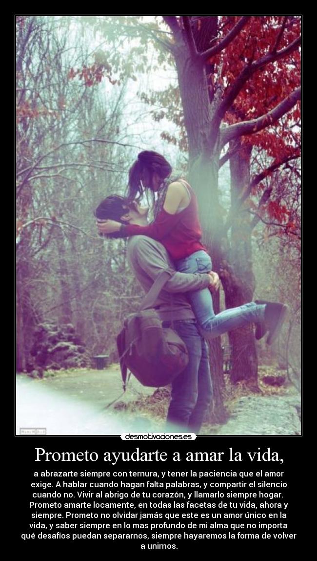 Prometo ayudarte a amar la vida, - a abrazarte siempre con ternura, y tener la paciencia que el amor
exige. A hablar cuando hagan falta palabras, y compartir el silencio
cuando no. Vivir al abrigo de tu corazón, y llamarlo siempre hogar.
Prometo amarte locamente, en todas las facetas de tu vida, ahora y
siempre. Prometo no olvidar jamás que este es un amor único en la
vida, y saber siempre en lo mas profundo de mi alma que no importa
qué desafíos puedan separarnos, siempre hayaremos la forma de volver
a unirnos.