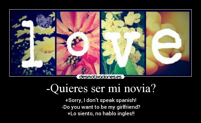 -Quieres ser mi novia? - +Sorry, I dont speak spanish!
-Do you want to be my girlfriend?
+Lo siento, no hablo ingles!!