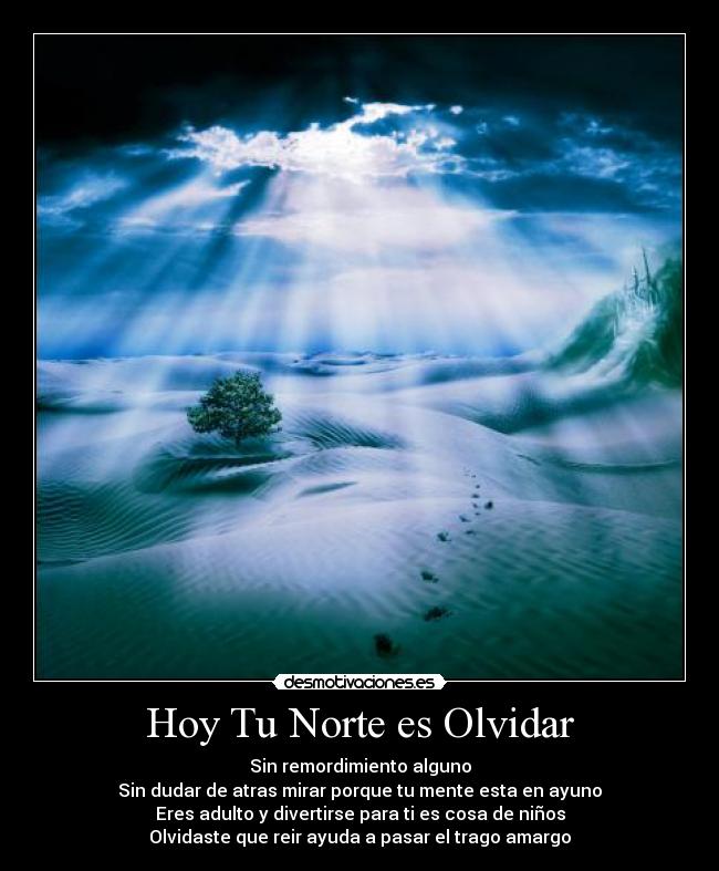 Hoy Tu Norte es Olvidar - Sin remordimiento alguno
Sin dudar de atras mirar porque tu mente esta en ayuno
Eres adulto y divertirse para ti es cosa de niños
Olvidaste que reir ayuda a pasar el trago amargo