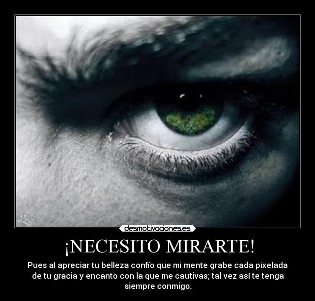 ¡NECESITO MIRARTE! - Pues al apreciar tu belleza confío que mi mente grabe cada pixelada
de tu gracia y encanto con la que me cautivas; tal vez así te tenga
siempre conmigo.