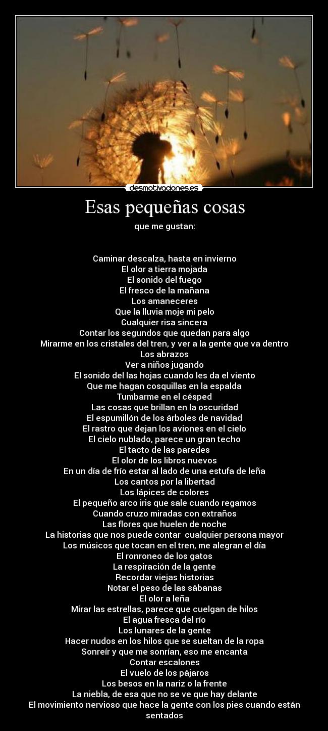 Esas pequeñas cosas - que me gustan:
Caminar descalza, hasta en invierno
El olor a tierra mojada
El sonido del fuego
El fresco de la mañana
Los amaneceres
Que la lluvia moje mi pelo
Cualquier risa sincera
Contar los segundos que quedan para algo
Mirarme en los cristales del tren, y ver a la gente que va dentro
Los abrazos
Ver a niños jugando
El sonido del las hojas cuando les da el viento
Que me hagan cosquillas en la espalda
Tumbarme en el césped
Las cosas que brillan en la oscuridad
El espumillón de los árboles de navidad
El rastro que dejan los aviones en el cielo
El cielo nublado, parece un gran techo
El tacto de las paredes
El olor de los libros nuevos
En un día de frío estar al lado de una estufa de leña
Los cantos por la libertad
Los lápices de colores
El pequeño arco iris que sale cuando regamos
Cuando cruzo miradas con extraños
Las flores que huelen de noche
La historias que nos puede contar cualquier persona mayor
Los músicos que tocan en el tren, me alegran el día
El ronroneo de los gatos
La respiración de la gente
Recordar viejas historias
Notar el peso de las sábanas
El olor a leña
Mirar las estrellas, parece que cuelgan de hilos
El agua fresca del río
Los lunares de la gente
Hacer nudos en los hilos que se sueltan de la ropa
Sonreír y que me sonrían, eso me encanta
Contar escalones
El vuelo de los pájaros
Los besos en la nariz o la frente
La niebla, de esa que no se ve que hay delante
El movimiento nervioso que hace la gente con los pies cuando están sentados
