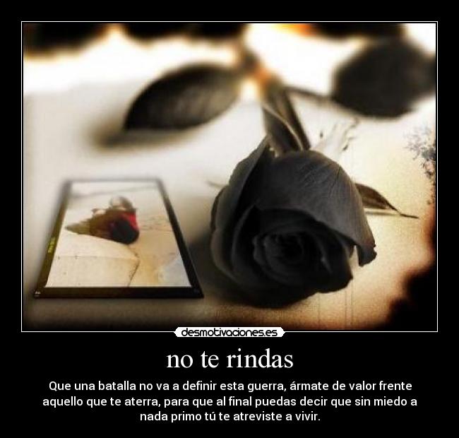 no te rindas - Que una batalla no va a definir esta guerra, ármate de valor frente
aquello que te aterra, para que al final puedas decir que sin miedo a
nada primo tú te atreviste a vivir.