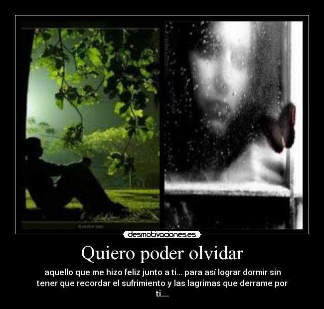 Quiero poder olvidar - aquello que me hizo feliz junto a ti... para así lograr dormir sin
tener que recordar el sufrimiento y las lagrimas que derrame por
ti....